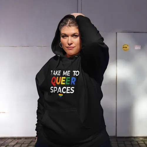 TAKE ME TO QUEER SPACES Hoodie in Black with logo